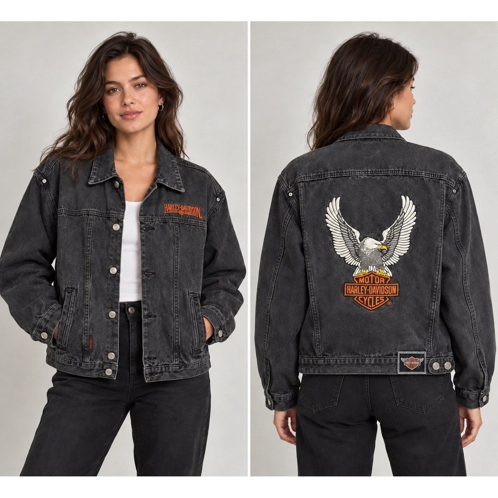 Vintage Y2K 90s Harley Davidson Black Denim Jacket Eagle Embroidery Large Biker